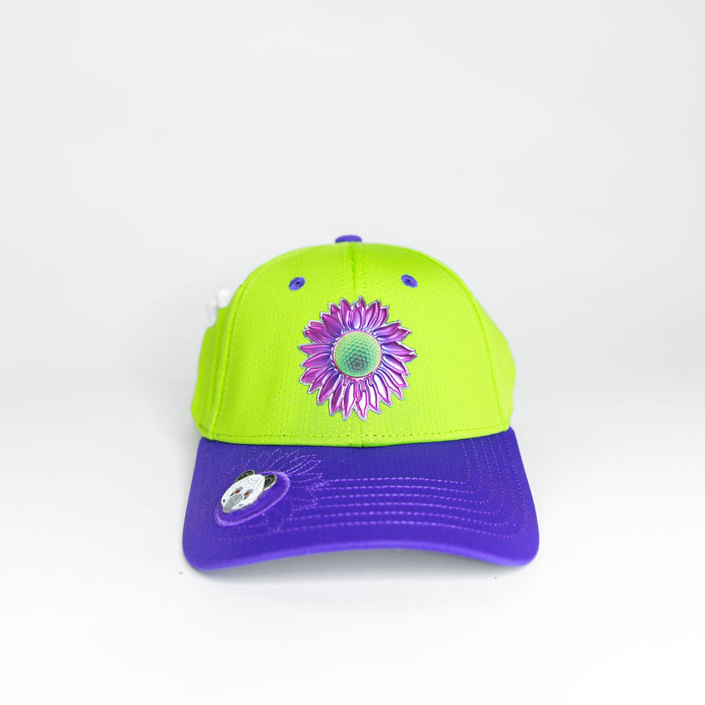 Purple and black cap with a colorful sunflower logo on the front.