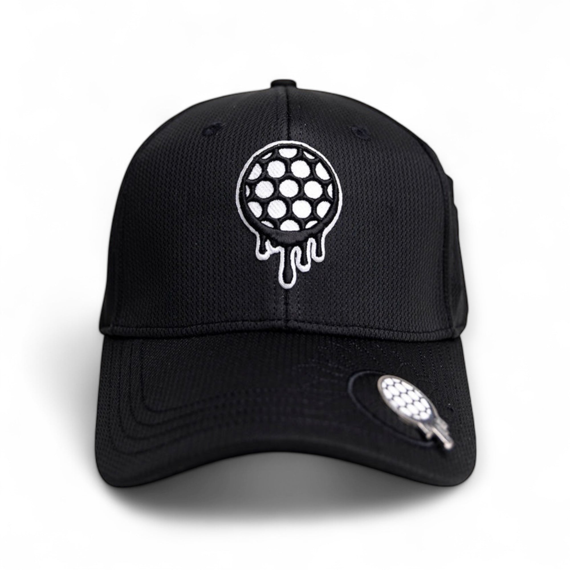 Black cap with blue honeycomb pattern and dripping effect design.